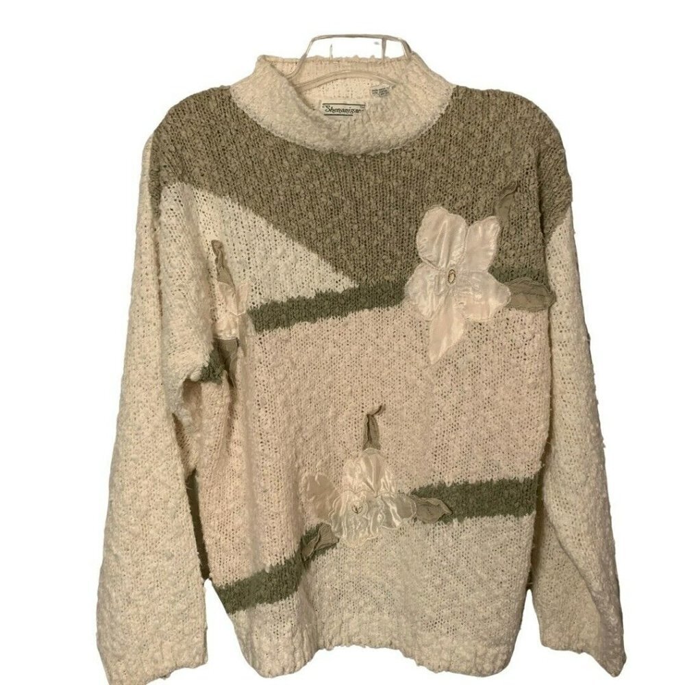 shenanigans sweater vintage shoulder pads cream floral embroidery